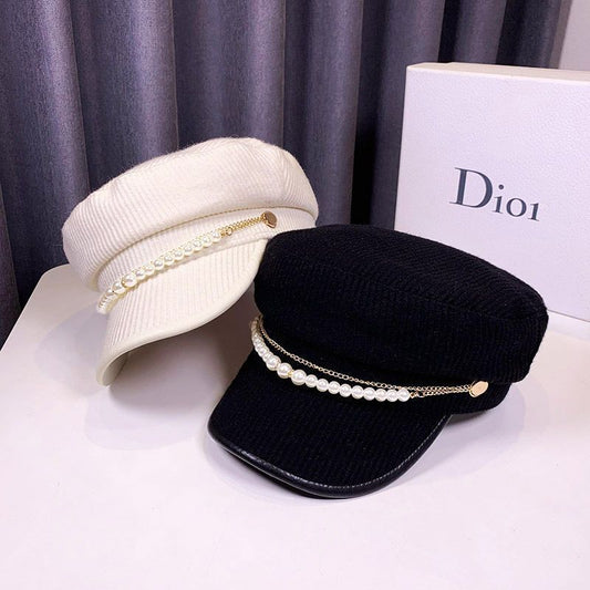 Pearl Chain Flat Top Navy Hat Women